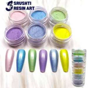 six different shades of finely milled pigments, ranging from pearlescent pink to shimmering sky blue, metallic mint green, lustrous lavender, sparkly silver-blue, and vibrant neon yellow mica powder