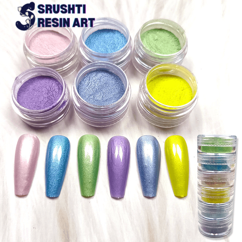 6_shade_pearl_mica_powder_L_123032_pink_purple_yellow_green_blue_pastel_bright six different shades of finely milled pigments, ranging from pearlescent pink to shimmering sky blue, metallic mint green, lustrous lavender, sparkly silver-blue, and vibrant neon yellow mica powder