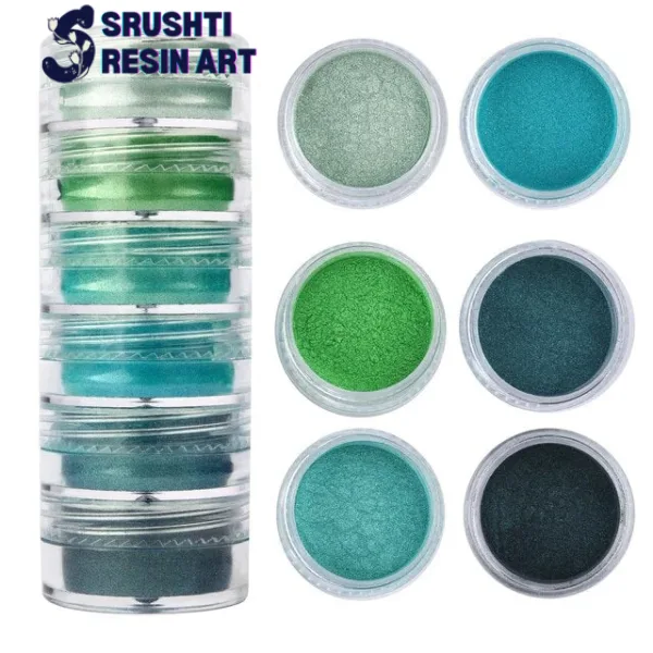Pearl mica powder colours ranging from light mint green to deep teal and dark forest green.